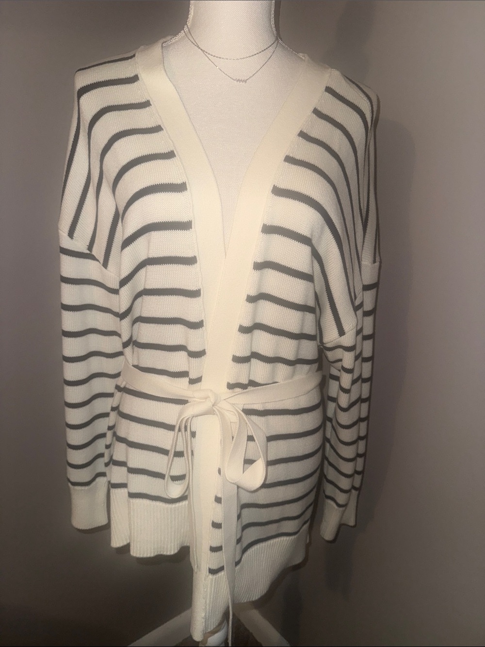 Talbots Cream & Navy Striped Tie-Waist Cardigan